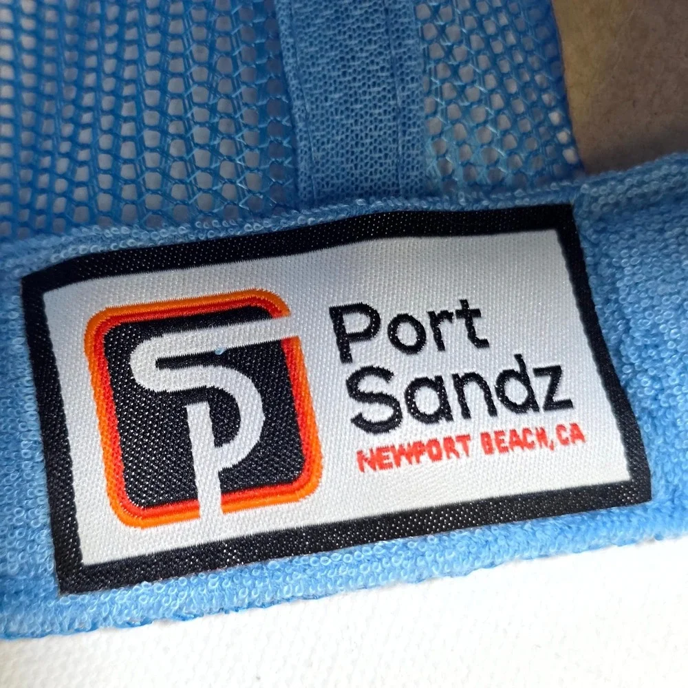 Port Sandz Trucker Hat Blue Peace Sign Retro Sunset Mesh Snapback Cap Surfer